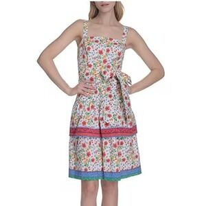 Eliza J Dress Womens 12 Poplin Floral Print Square Neck Bow Tie Ruffle A-Line